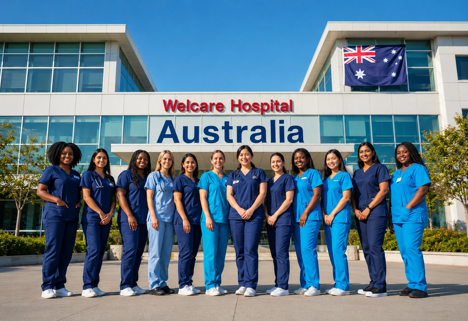 Diverse healthcare workers including African nurses standing outside a hospital in Australia
