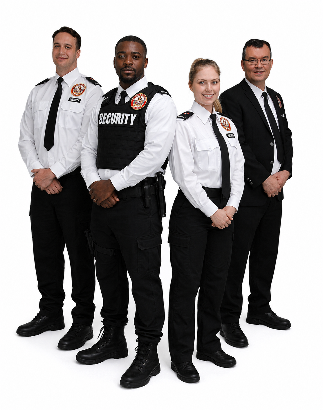 Diverse security guard team including an African male security officer in uniform